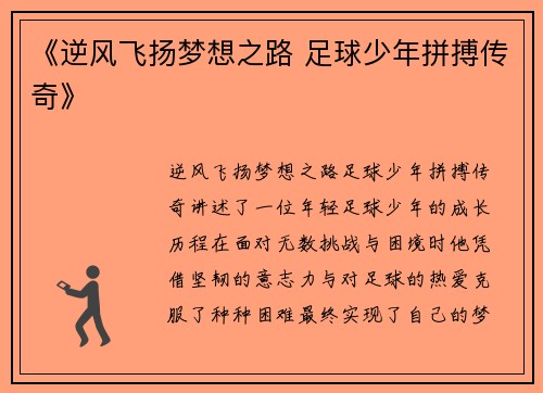 《逆风飞扬梦想之路 足球少年拼搏传奇》