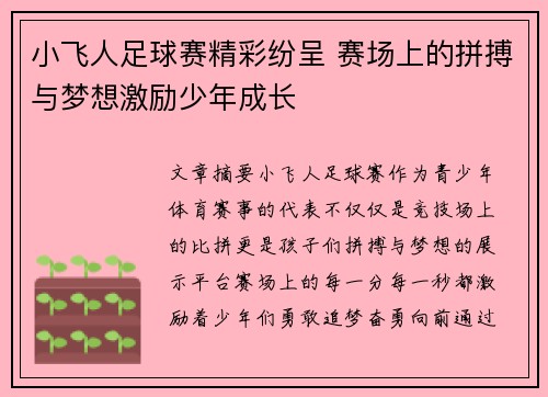 小飞人足球赛精彩纷呈 赛场上的拼搏与梦想激励少年成长