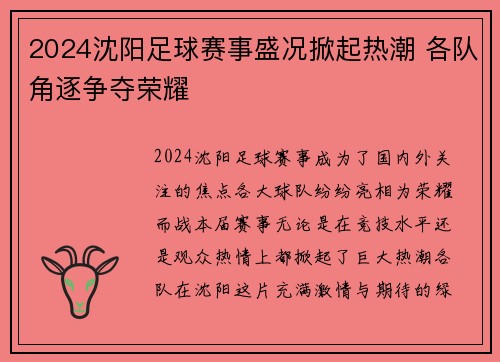 2024沈阳足球赛事盛况掀起热潮 各队角逐争夺荣耀