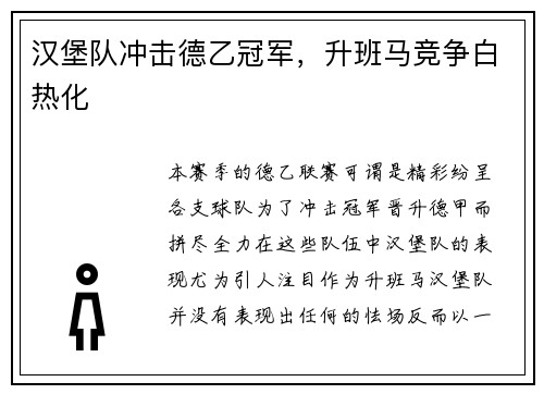 汉堡队冲击德乙冠军，升班马竞争白热化