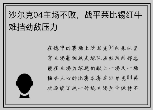 沙尔克04主场不败，战平莱比锡红牛难挡劲敌压力