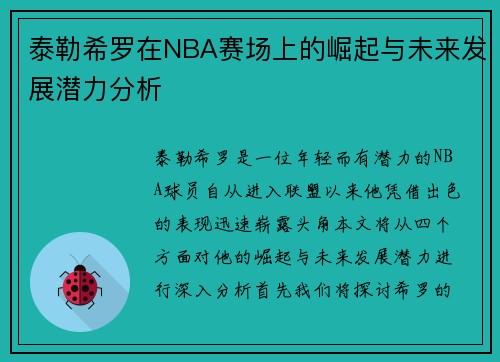 泰勒希罗在NBA赛场上的崛起与未来发展潜力分析