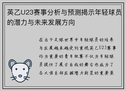 英乙U23赛事分析与预测揭示年轻球员的潜力与未来发展方向