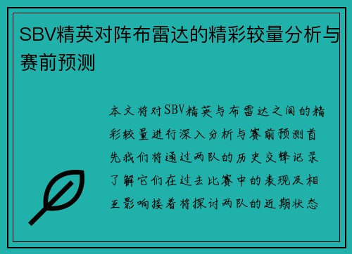 SBV精英对阵布雷达的精彩较量分析与赛前预测