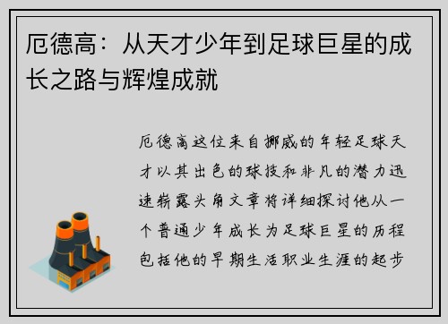 厄德高：从天才少年到足球巨星的成长之路与辉煌成就