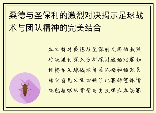 桑德与圣保利的激烈对决揭示足球战术与团队精神的完美结合