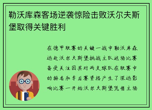 勒沃库森客场逆袭惊险击败沃尔夫斯堡取得关键胜利