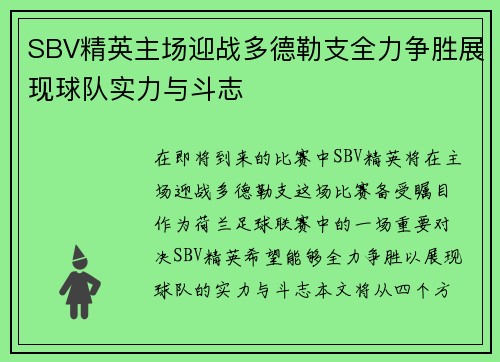 SBV精英主场迎战多德勒支全力争胜展现球队实力与斗志