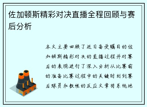 佐加顿斯精彩对决直播全程回顾与赛后分析