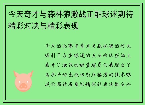今天奇才与森林狼激战正酣球迷期待精彩对决与精彩表现