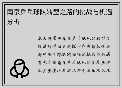南京乒乓球队转型之路的挑战与机遇分析