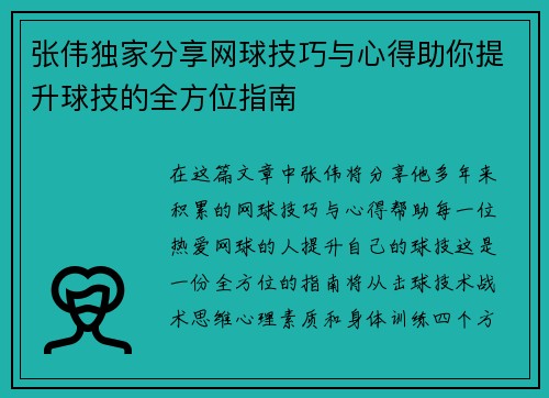 张伟独家分享网球技巧与心得助你提升球技的全方位指南